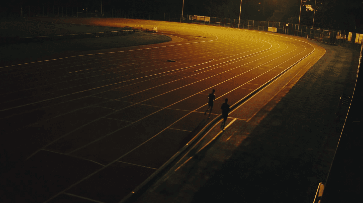 Athlètes s'entraînant sur une piste au coucher du soleil
